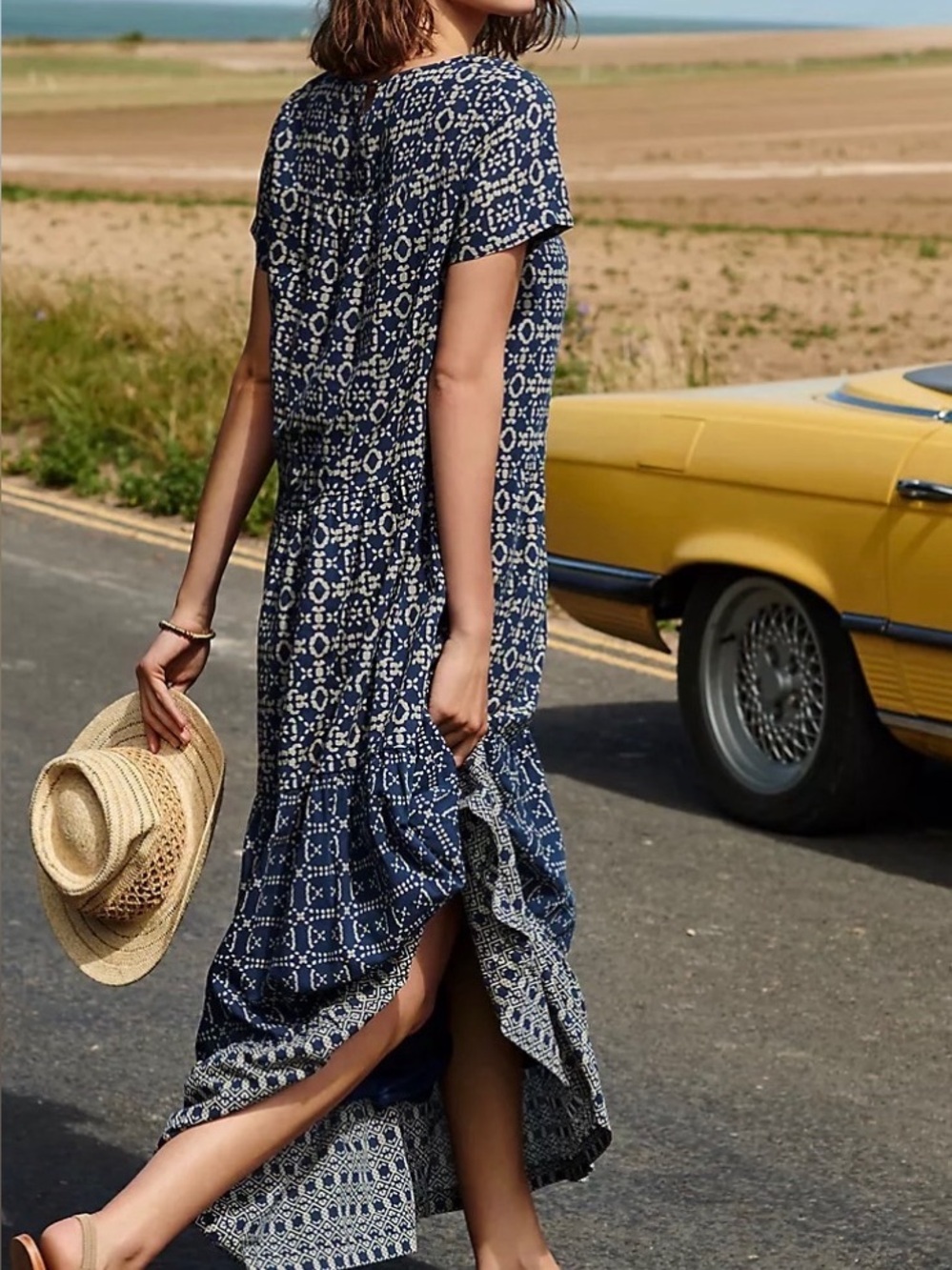 Anthropologie Navy and White Printed Short-Sleeve Maxi Dress